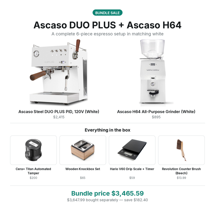 Ascaso DUO PLUS, H64 Grinder, Cera+ Titan Tamper, Knockbox, Scale, and Brush