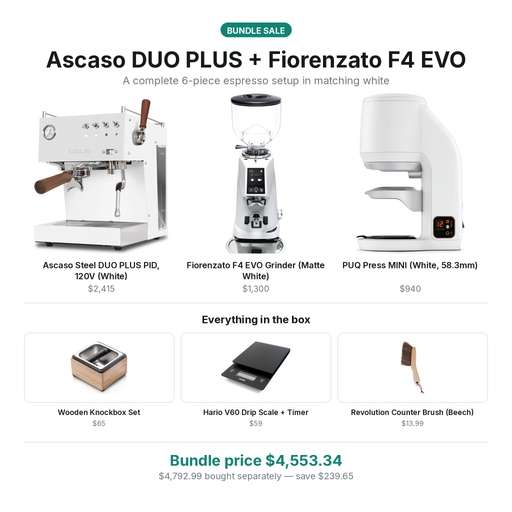 Ascaso DUO PLUS + Fiorenzato F4 EVO bundle — A complete 6-piece espresso setup in matching white